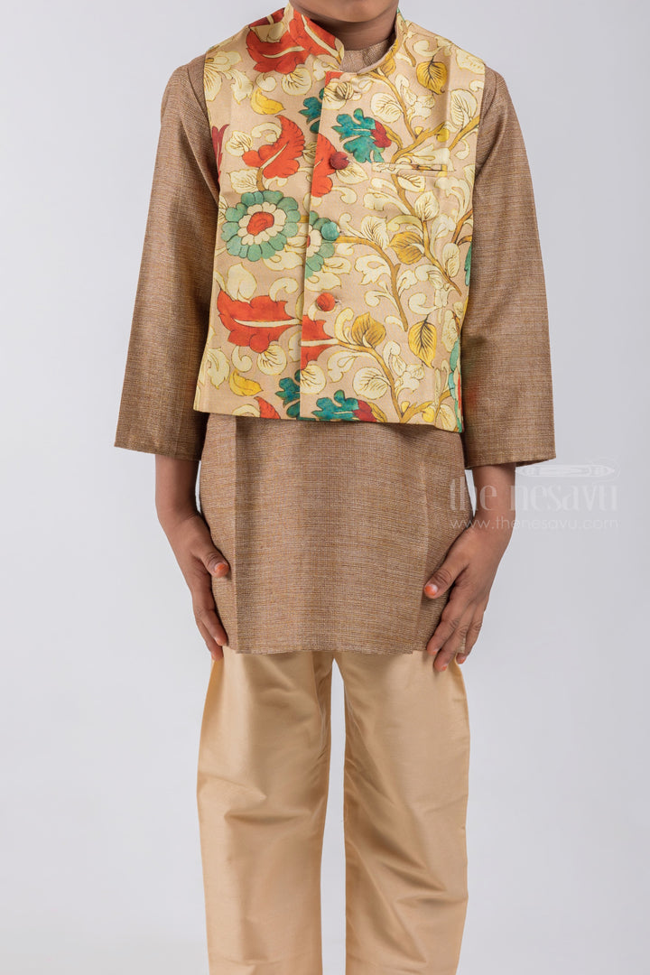 The Nesavu Boys Jacket Sets Brown Handloom Cotton Kurta N Pure Silk Kalamkari Printed Jacket For Boys psr silks Nesavu