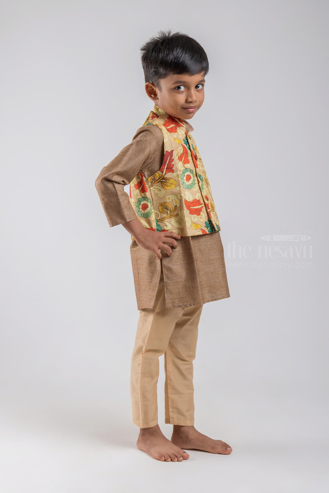 The Nesavu Boys Jacket Sets Brown Handloom Cotton Kurta N Pure Silk Kalamkari Printed Jacket For Boys psr silks Nesavu