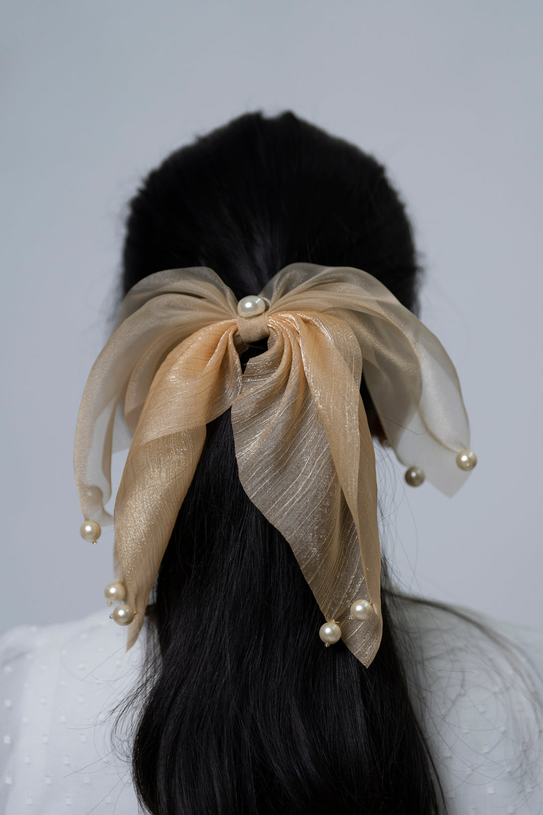The Nesavu Scrunchies / Rubber Band Brown Sheer Organza Bow Hairband with Pearl Accents Nesavu Brown JHS25B Brown Organza Pearl Bow Hairband | Elegant Accessory for Special Occasions | The Nesavu