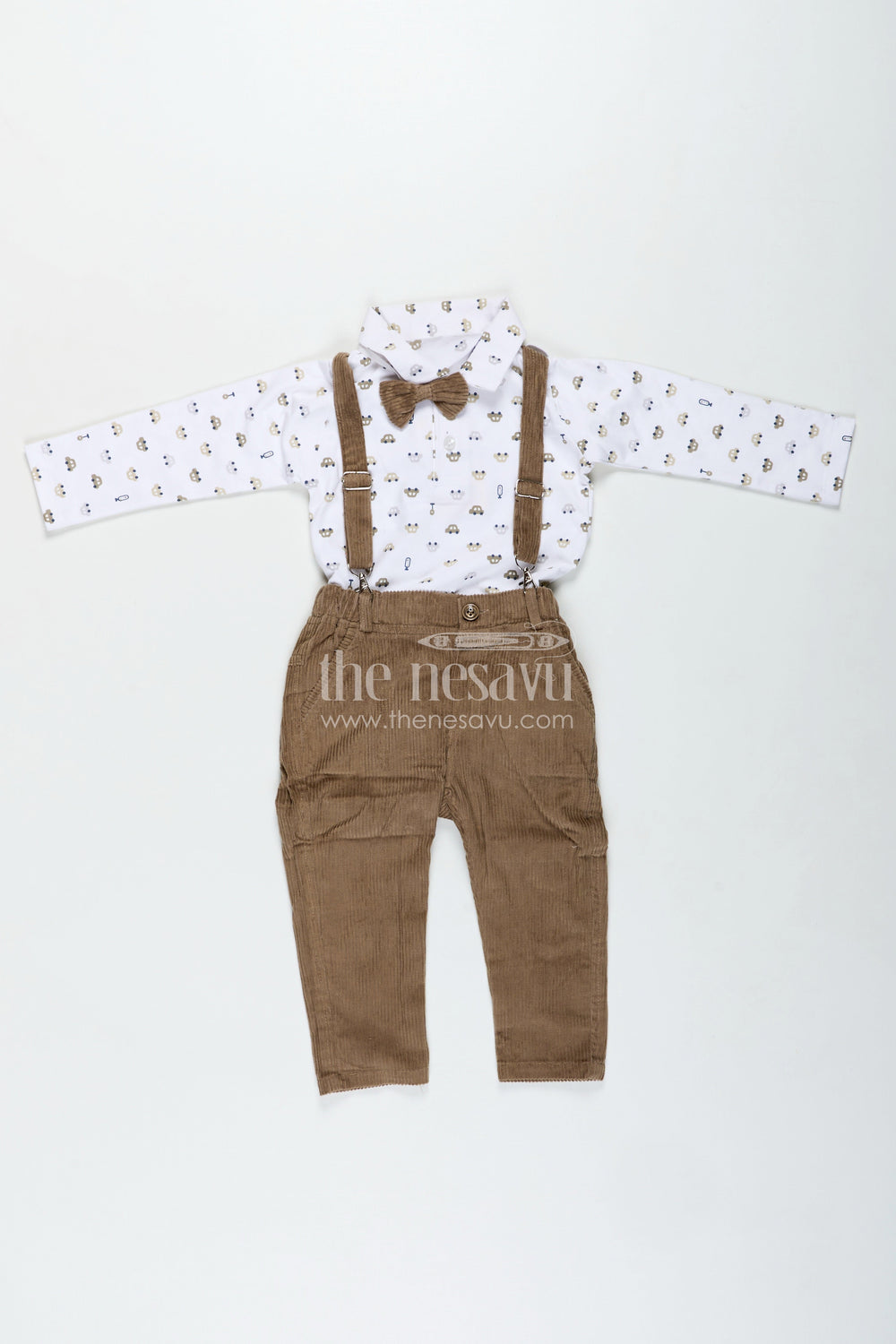The Nesavu Boys Casual Set Brown Shirt and Pant Set for Boys in Knitted Cotton Jersey with Corduroy Bottom and Classic Accessories Nesavu 14 (6M) / Brown BCS315B-14 Nesavu Brown Shirt Pant Set Boys Cotton Jersey Corduroy Bottom Matching Cap