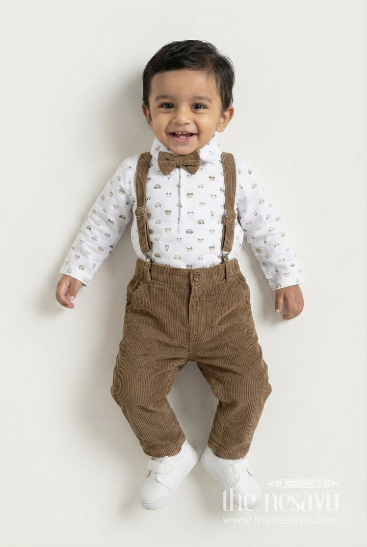 The Nesavu Boys Casual Set Brown Shirt and Pant Set for Boys in Knitted Cotton Jersey with Corduroy Bottom and Classic Accessories Nesavu 14 (6M) / Brown BCS315B-14 Nesavu Brown Shirt Pant Set Boys Cotton Jersey Corduroy Bottom Matching Cap