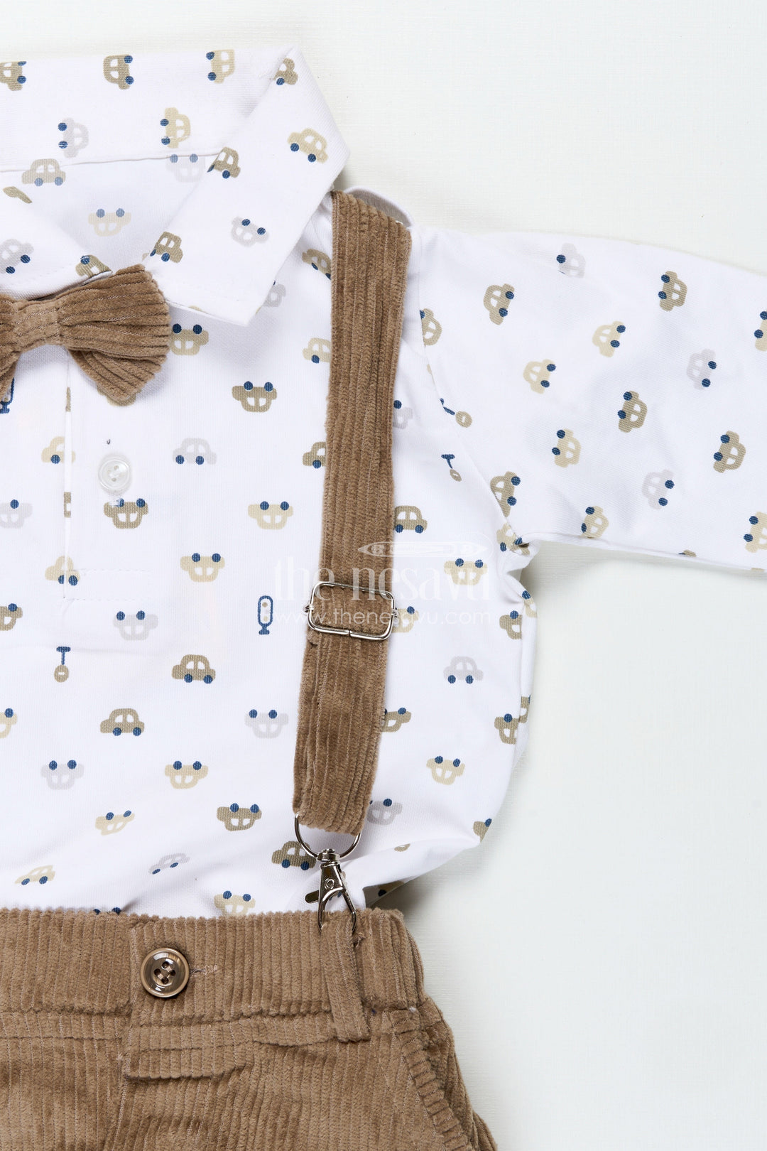The Nesavu Boys Casual Set Brown Shirt and Pant Set for Boys in Knitted Cotton Jersey with Corduroy Bottom and Classic Accessories Nesavu Nesavu Brown Shirt Pant Set Boys Cotton Jersey Corduroy Bottom Matching Cap