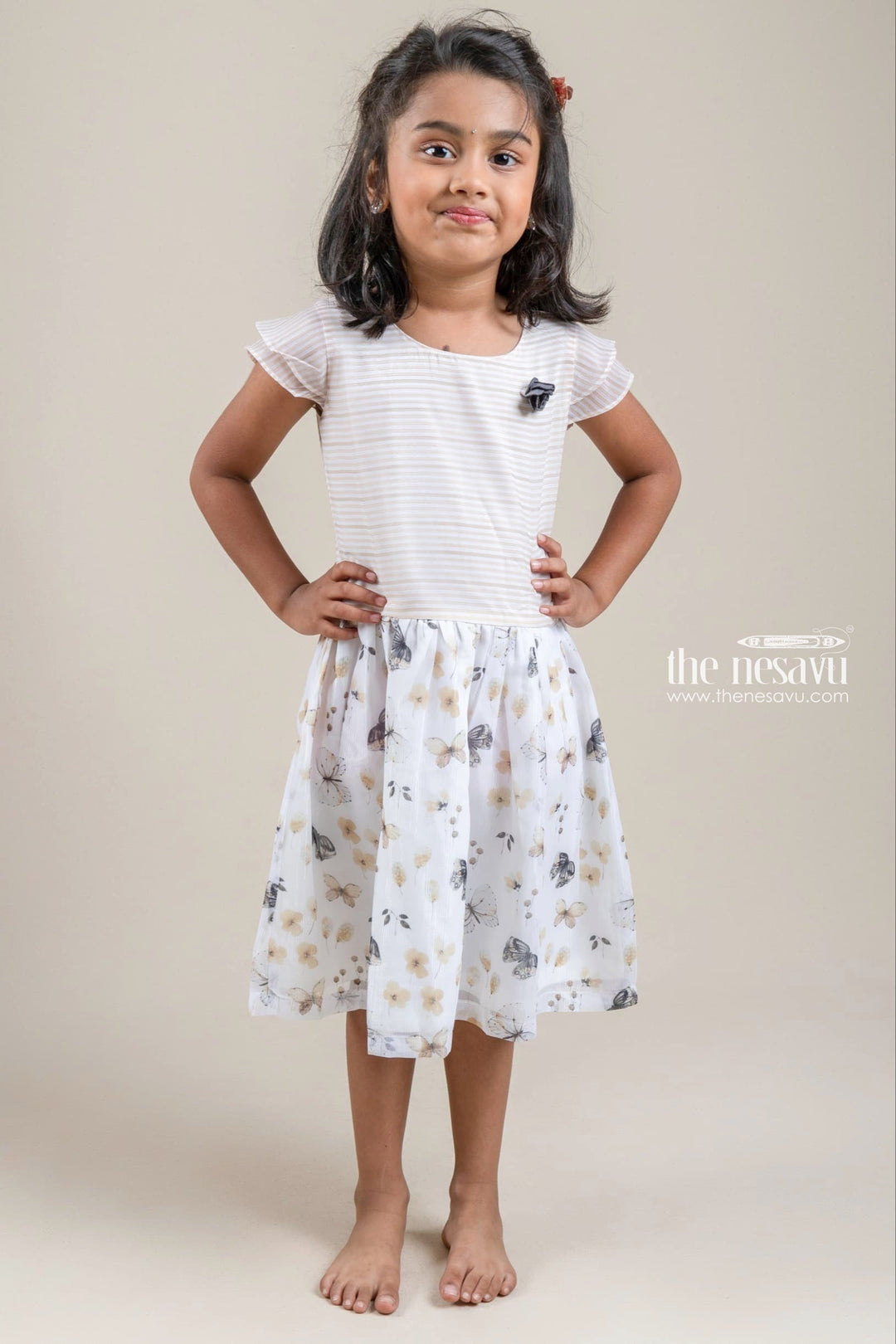 The Nesavu Girls Fancy Frock Brownish Striped Short Sleeve Yoke and Butterfly Print Chiffon White Skirt for Girls Nesavu 24 (5Y) / White / Chiffon GFC1061A-24 Brownish Striped Short Sleeve Yoke and Butterfly Print Chiffon White Skirt for Girls | The Nesavu