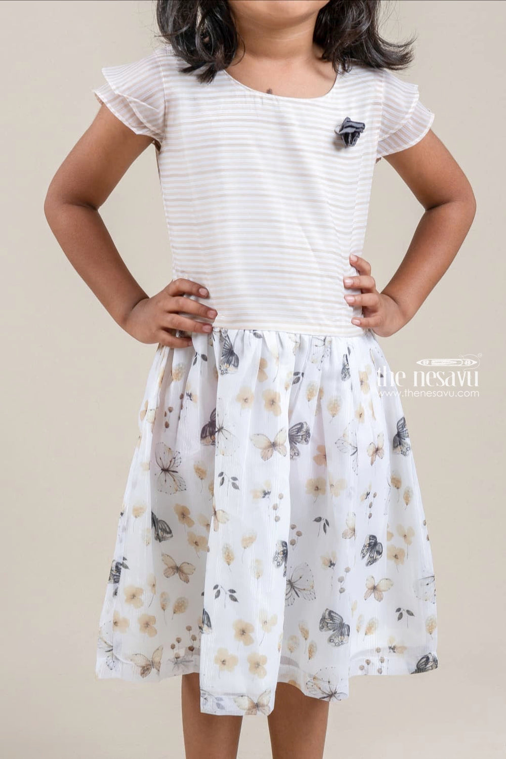 The Nesavu Girls Fancy Frock Brownish Striped Short Sleeve Yoke and Butterfly Print Chiffon White Skirt for Girls Nesavu Brownish Striped Short Sleeve Yoke and Butterfly Print Chiffon White Skirt for Girls | The Nesavu