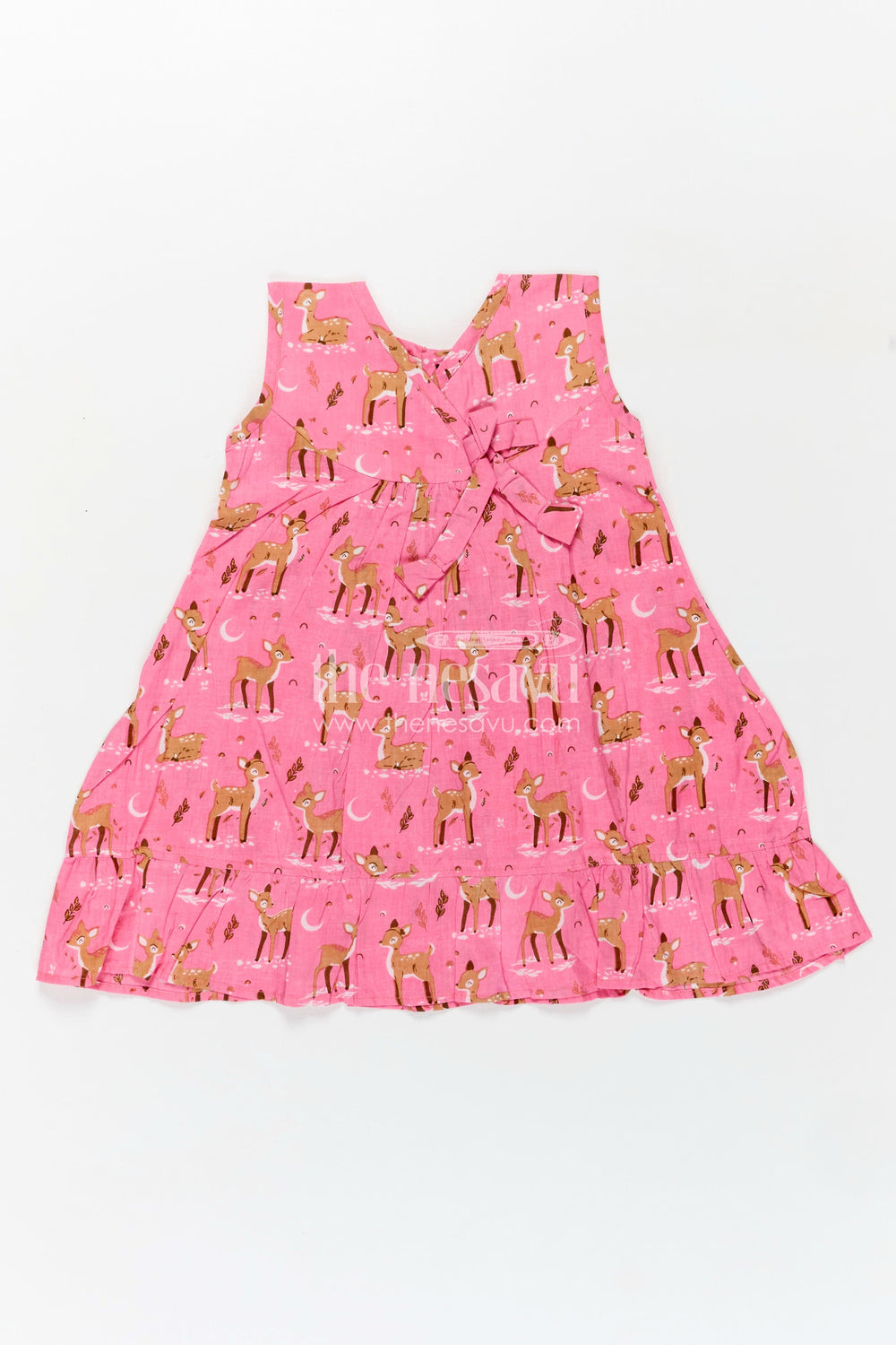 The Nesavu Girls Cotton Frock Budget Friendly Cotton Frock for Girls with Hand Block Animal Print and Ruffle Accents in Vibrant Pink Nesavu 18 (2Y) / Pink GFC1792B-18 Nesavu Girls Cotton Frock Pink Hand Block Animal Print Stylish Bow Tie Detail