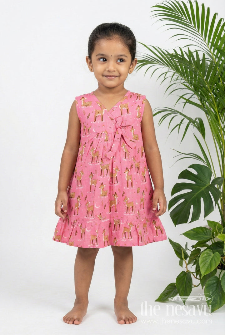 The Nesavu Girls Cotton Frock Budget Friendly Cotton Frock for Girls with Hand Block Animal Print and Ruffle Accents in Vibrant Pink Nesavu 18 (2Y) / Pink GFC1792B-18 Nesavu Girls Cotton Frock Pink Hand Block Animal Print Stylish Bow Tie Detail