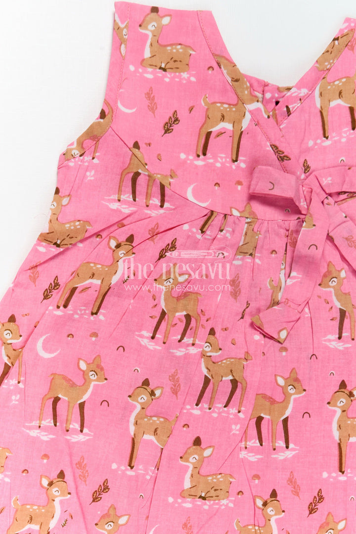 The Nesavu Girls Cotton Frock Budget Friendly Cotton Frock for Girls with Hand Block Animal Print and Ruffle Accents in Vibrant Pink Nesavu Nesavu Girls Cotton Frock Pink Hand Block Animal Print Stylish Bow Tie Detail