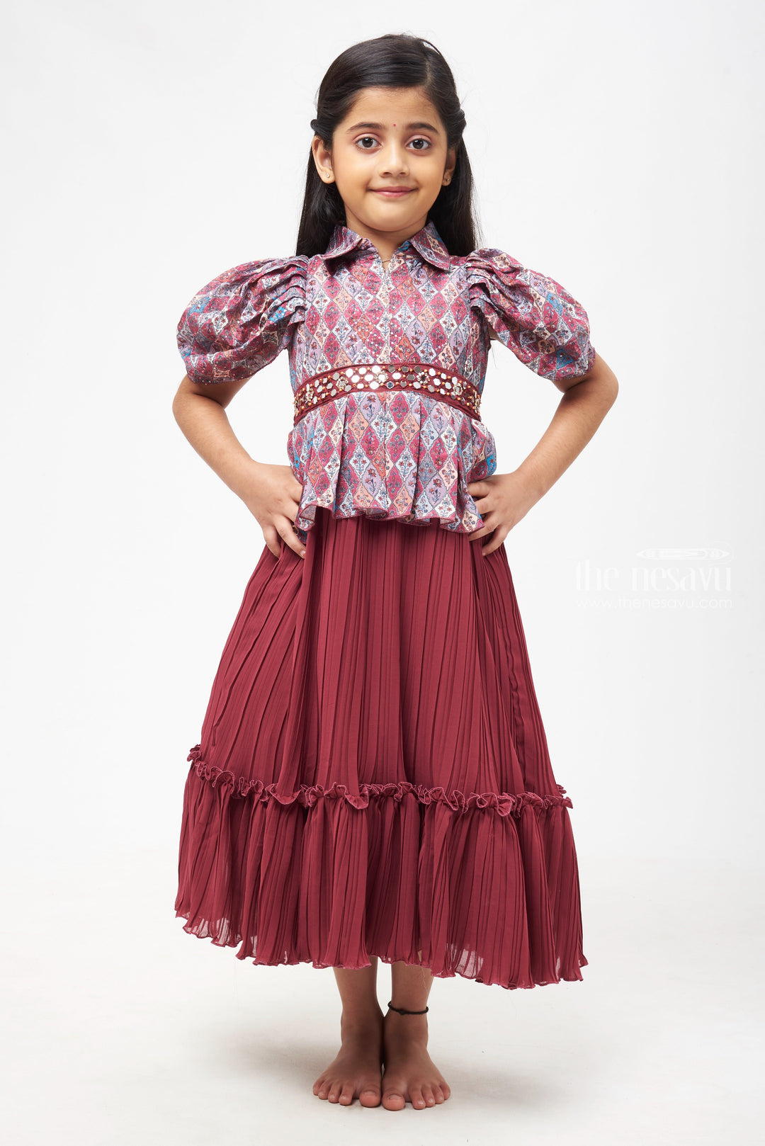 The Nesavu Girls Casual Gown Burgundy Blend: Geometric Floral Printed Top with Pleated Palazo Pants for Girls- Latest Trendy Indian Dresses Nesavu 20 (3Y) / Maroon / Georgette GA170A-20 Ethnic Anarkali Dresses Online Shopping | Exquisite Anarkali for Party Wear | The Nesavu