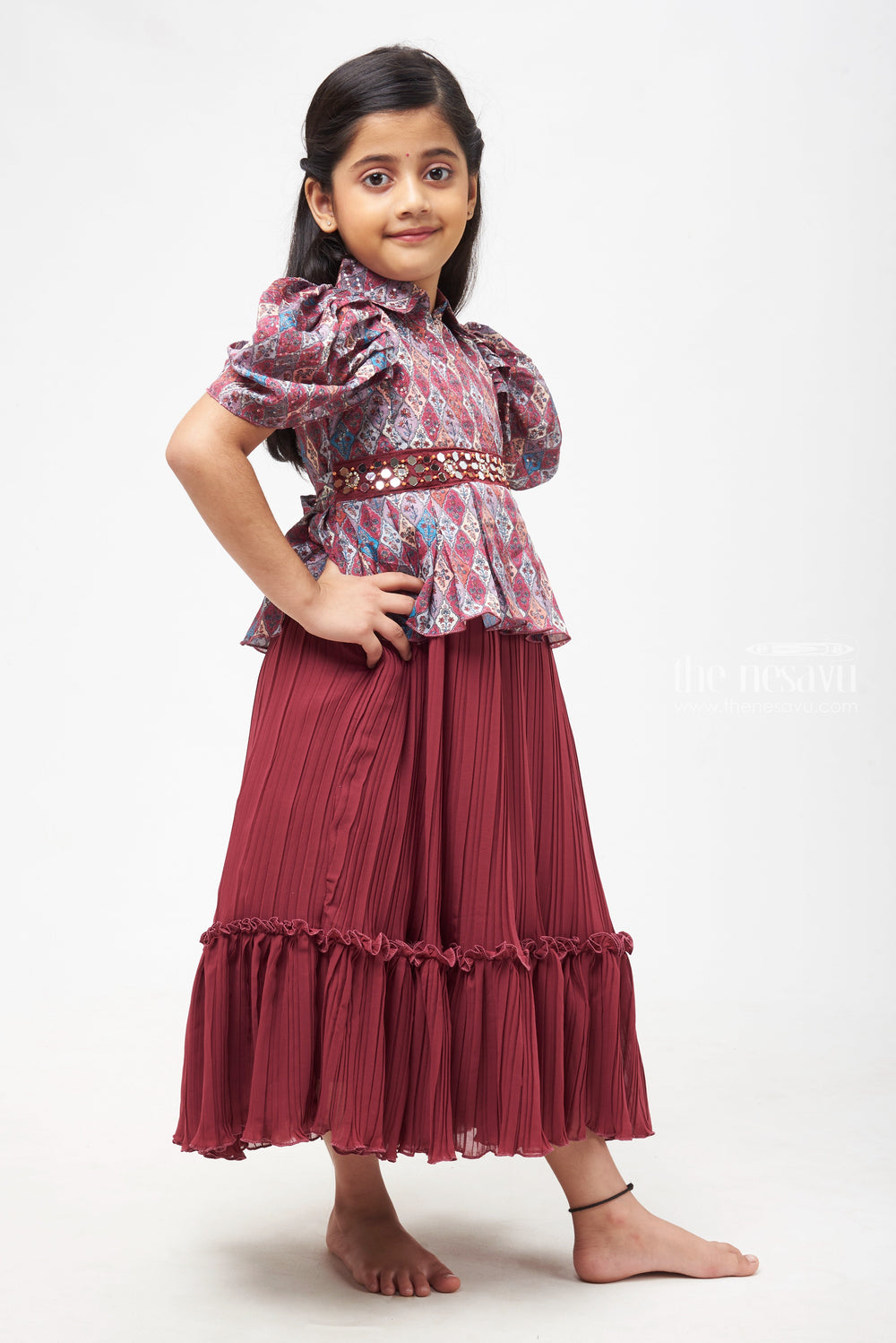 The Nesavu Girls Casual Gown Burgundy Blend: Geometric Floral Printed Top with Pleated Palazo Pants for Girls- Latest Trendy Indian Dresses Nesavu Ethnic Anarkali Dresses Online Shopping | Exquisite Anarkali for Party Wear | The Nesavu