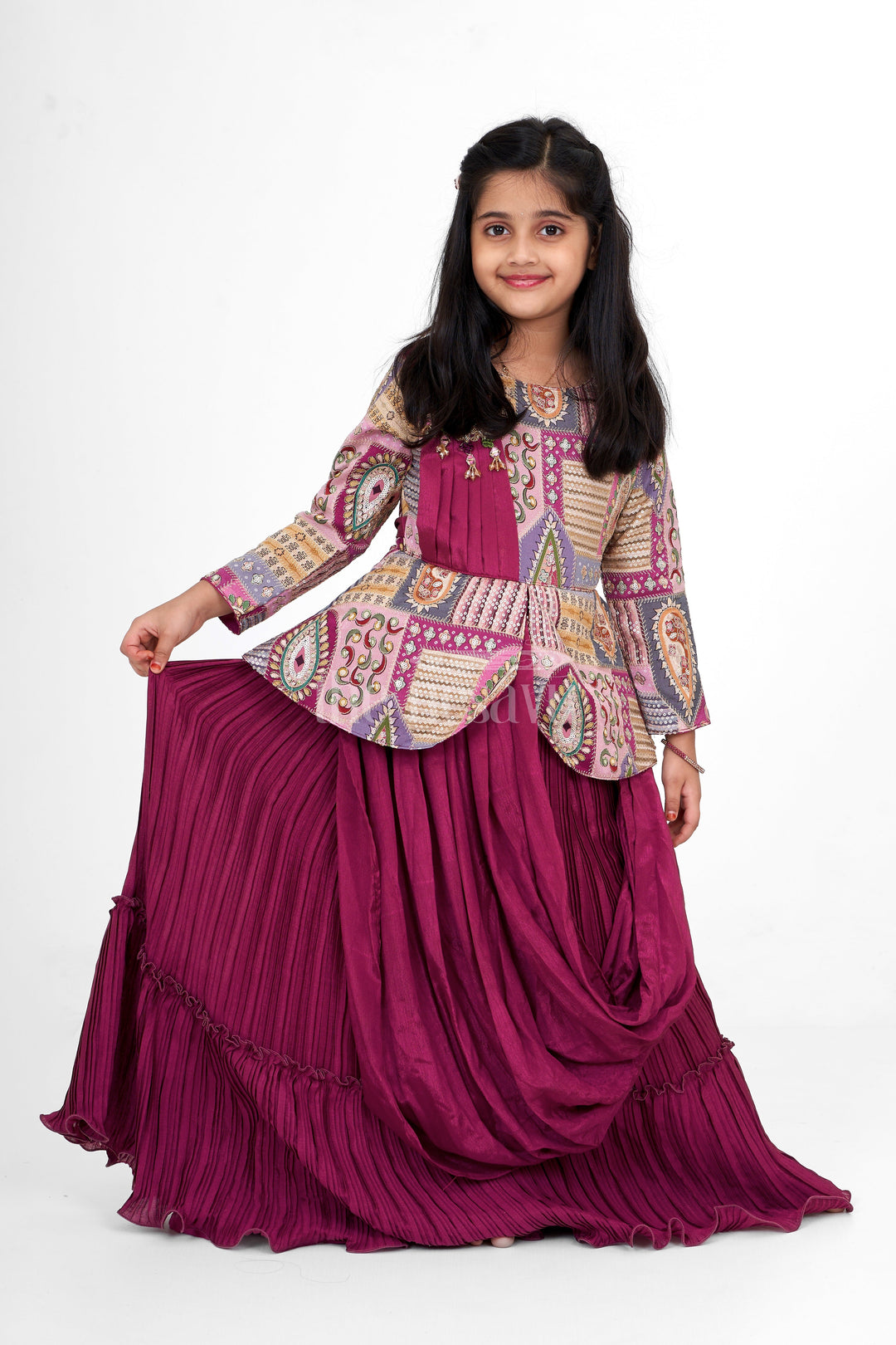 Nesavu Girls Burgundy Party Gown Patchwork Diwali Blended Silk Formal Gown Special Occasions The Nesavu Nesavu Girls Burgundy Party Gown Patchwork Diwali Blended Silk Formal Gown Special Occasions The Nesavu