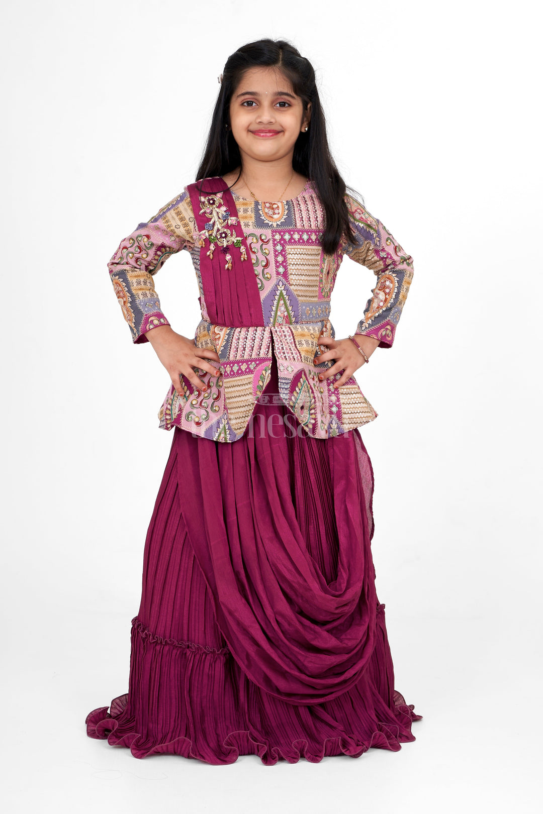 Nesavu Girls Burgundy Party Gown Patchwork Diwali Blended Silk Formal Gown Special Occasions The Nesavu Nesavu Girls Burgundy Party Gown Patchwork Diwali Blended Silk Formal Gown Special Occasions The Nesavu