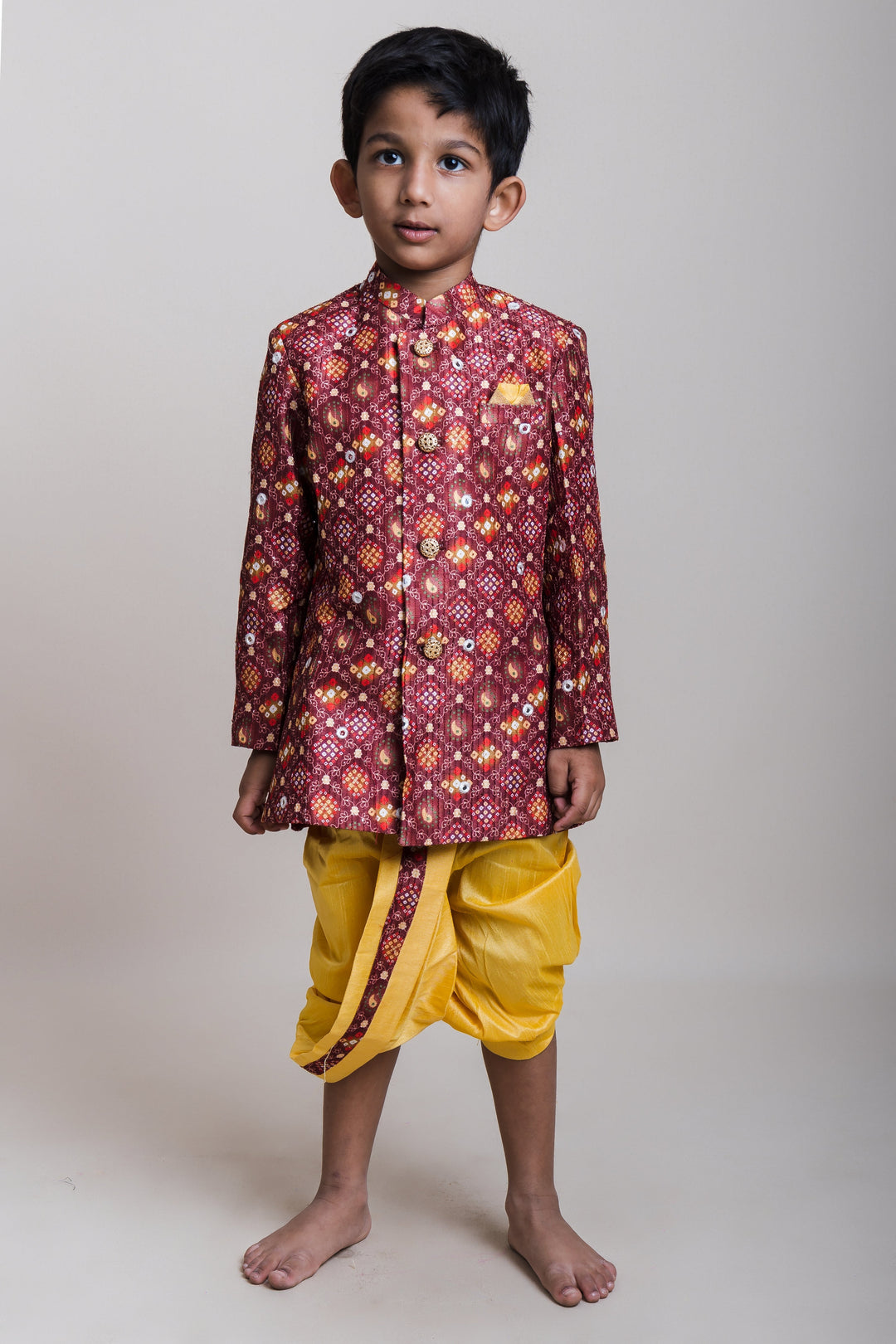 The Nesavu Boys Kurtha Set Bustling Brown Printed Cotton Kurta With Golden Dhoti For Little Boys Nesavu 14 (6M) / Brown / Silk Blend BES260-14 Gold Dhoti And Brown Kurta Wear| Traditional Collection| The Nesavu