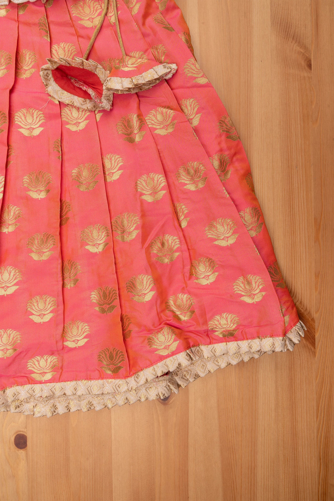 The Nesavu Pattu Pavadai Butta Pleated Pink Skirt with Brocade Beige Silk Peplum Blouse: Festive Delight for Celebrations Nesavu Designer Pattu Pavadai | Pattu Pavadai Neck Designs | The Nesavu