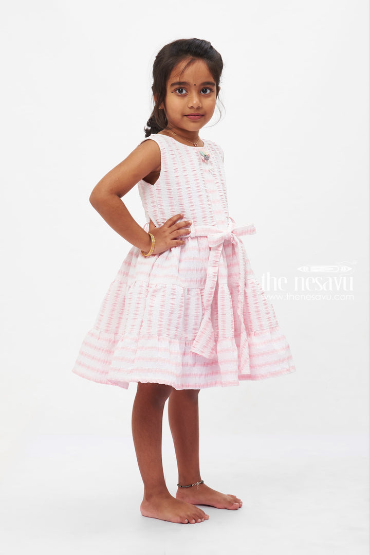 The Nesavu Girls Fancy Frock Candy Stripe Cotton Twirl Frock: Playful Pink with Bow Detail for Girls Nesavu Girls' Pink Stripe Bow Cotton Dress | Sleeveless Summer Frock for Kids | The Nesavu