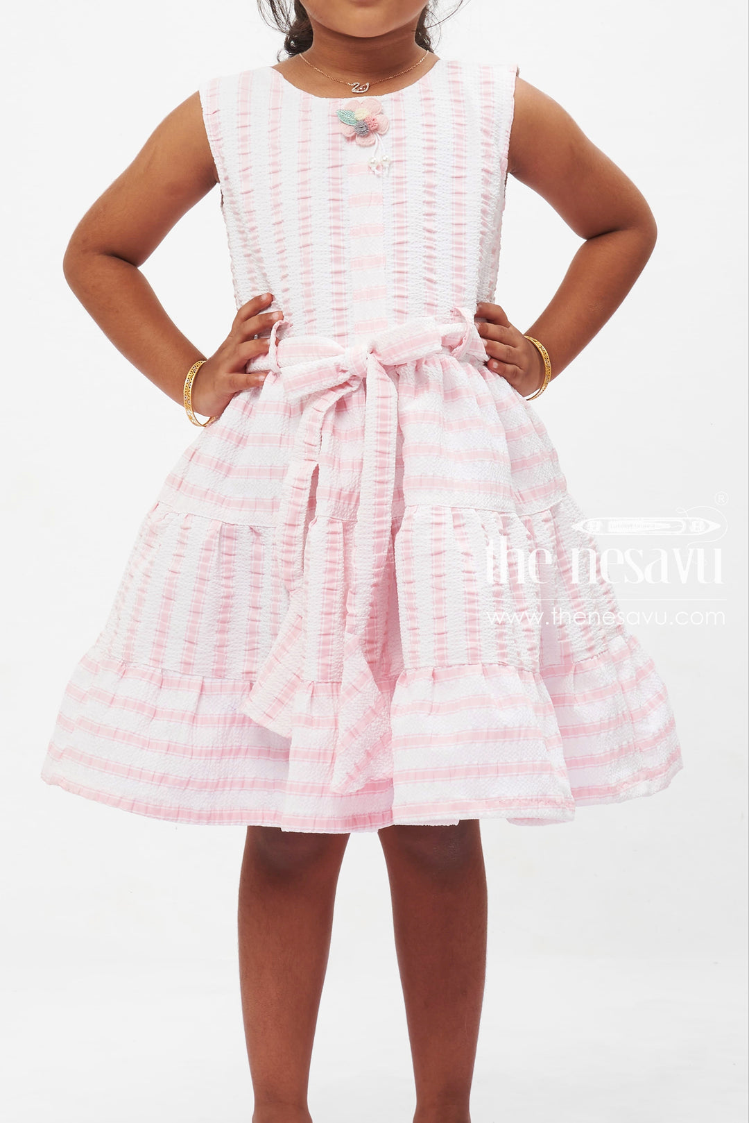 The Nesavu Girls Fancy Frock Candy Stripe Cotton Twirl Frock: Playful Pink with Bow Detail for Girls Nesavu Girls' Pink Stripe Bow Cotton Dress | Sleeveless Summer Frock for Kids | The Nesavu