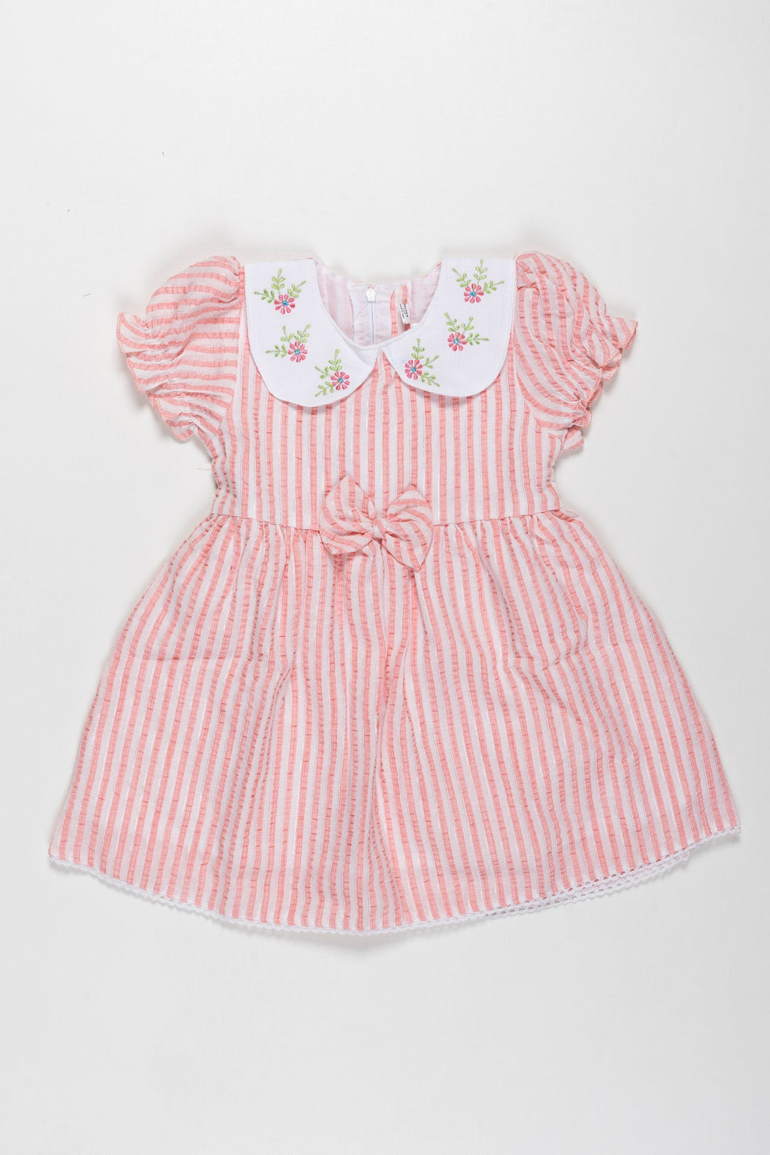 The Nesavu Baby Cotton Frocks Candy Stripe Whisper Frock with Embroidered Peter Pan Collar for Baby Girls Nesavu 14 (6M) / Pink / Cotton BFJ529B-14 Embroidered Collar Baby Girl Frock in Candy Stripes | Unique Summer Wear | The Nesavu