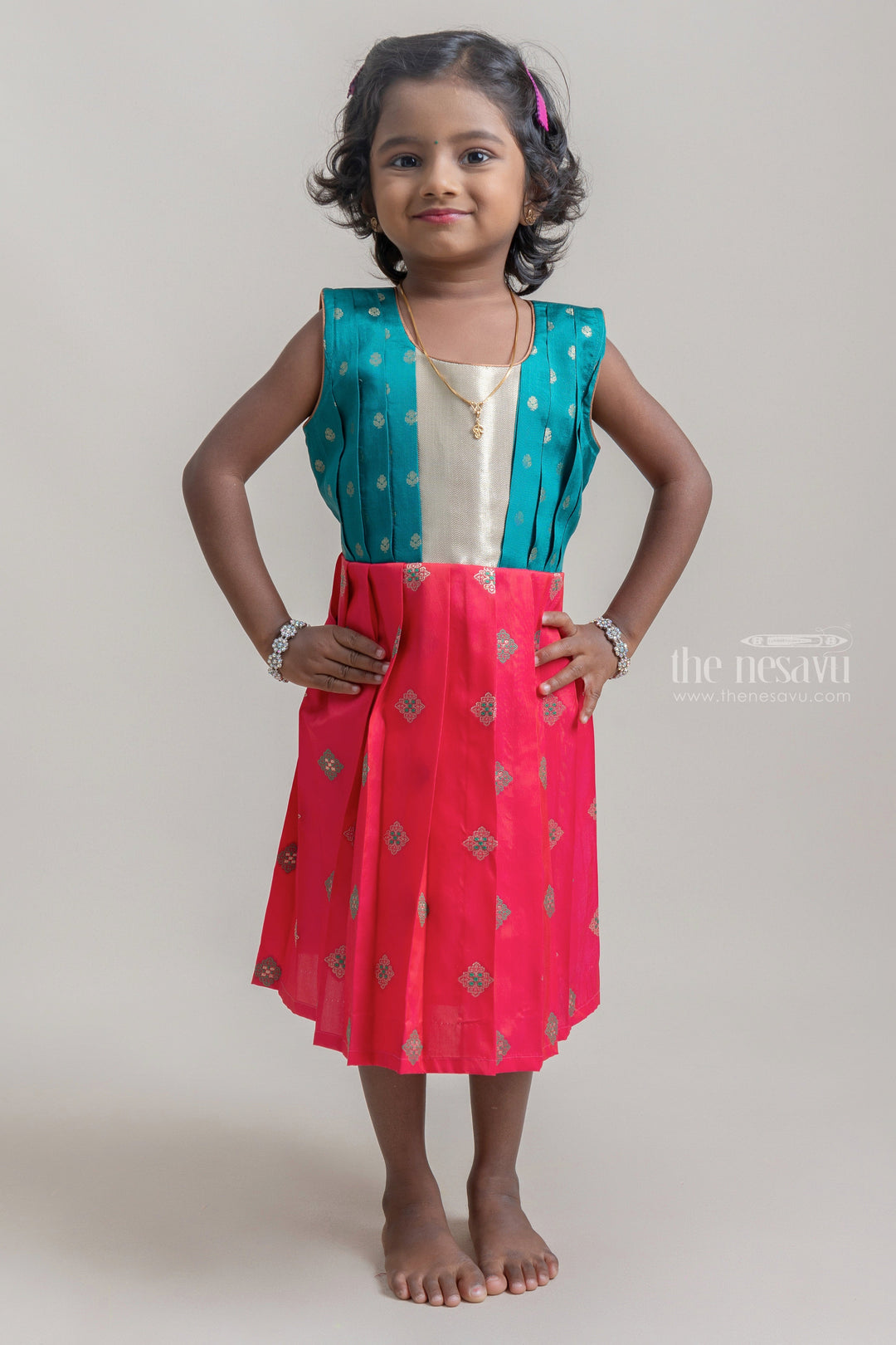 The Nesavu Silk Frock Captivating Green & Deeppink Butta Fusion Pleated Pattu Marvel for Girls. Nesavu 14 (6M) / Red SF517A-14 Pink Semi-silk Frock For Girls | Latest silk wear Collection | The Nesavu