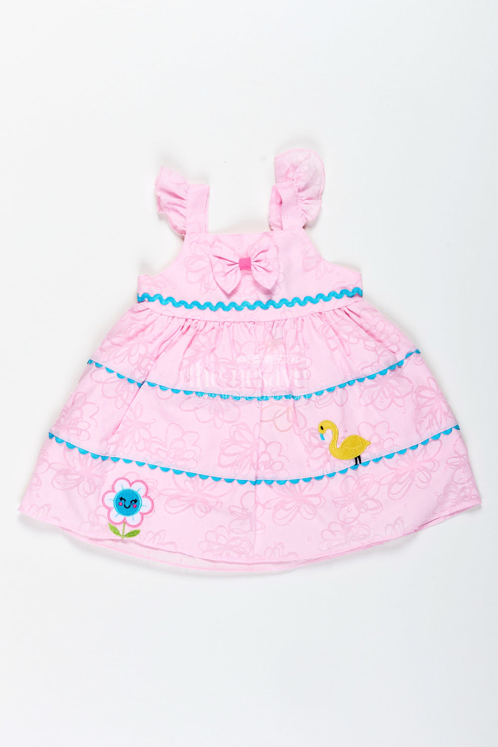 The Nesavu Baby Cotton Frocks Cartoon Embroidered Dress for Toddler Girls Play Wear Nesavu 14 (6M) / Pink BFJ837B-14 Nesavu Pink Cartoon Themed Baby Girl Dress Flamingo Flower Embroidery Lightweight Georgette