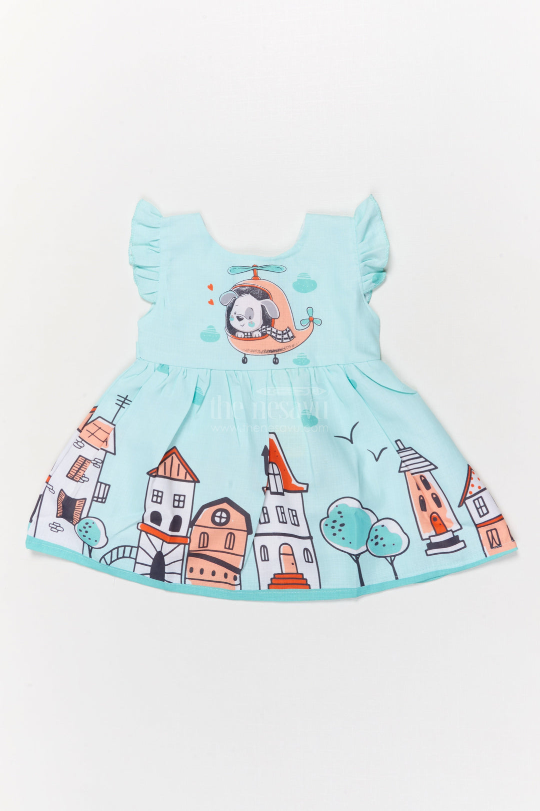 The Nesavu Baby Cotton Frocks Cartoon Town Cotton Frock for Baby Girls with Soft Frill Sleeve Finish Nesavu 14 (6M) / Green BFJ897C-14 Nesavu baby girl cartoon digital print cotton frock with town and helicopter design