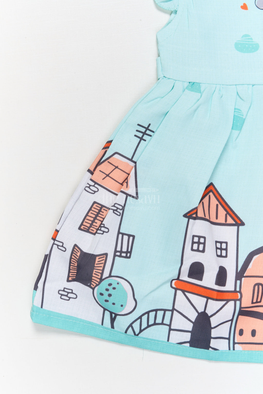 The Nesavu Baby Cotton Frocks Cartoon Town Cotton Frock for Baby Girls with Soft Frill Sleeve Finish Nesavu Nesavu baby girl cartoon digital print cotton frock with town and helicopter design