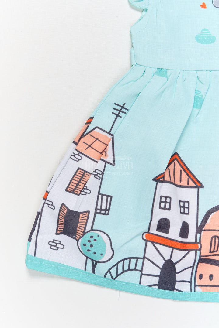 The Nesavu Baby Cotton Frocks Cartoon Town Cotton Frock for Baby Girls with Soft Frill Sleeve Finish Nesavu Nesavu baby girl cartoon digital print cotton frock with town and helicopter design