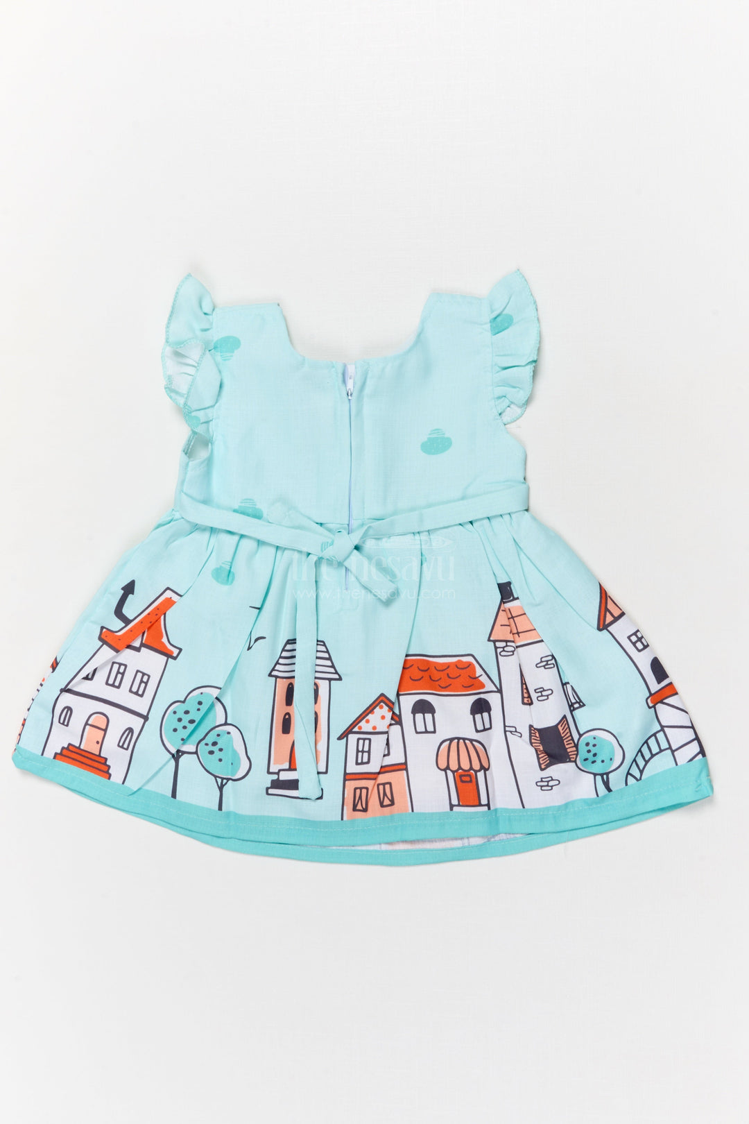 The Nesavu Baby Cotton Frocks Cartoon Town Cotton Frock for Baby Girls with Soft Frill Sleeve Finish Nesavu Nesavu baby girl cartoon digital print cotton frock with town and helicopter design
