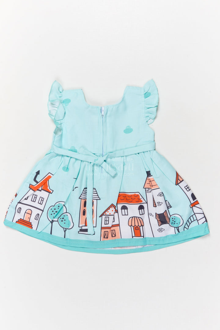 The Nesavu Baby Cotton Frocks Cartoon Town Cotton Frock for Baby Girls with Soft Frill Sleeve Finish Nesavu Nesavu baby girl cartoon digital print cotton frock with town and helicopter design