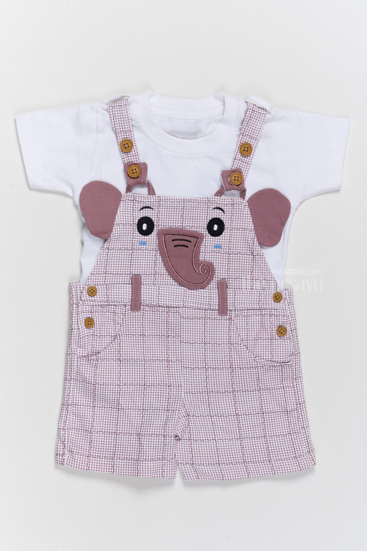 The Nesavu Baby Casual Sets Casual Babydoll Dress Pink Checked Elephant Applique Cotton Dungaree Set Nesavu 14 (6M) / Pink BCS180A-14 Nesavu Casual Babydoll Dress Pink Checked Dungaree Set Elephant Applique