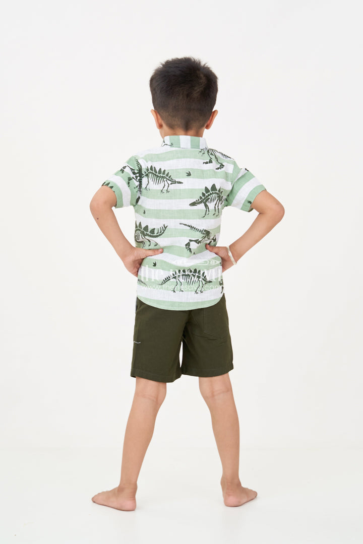 The Nesavu Boys Casual Set Casual Beach Dresses for Boys with Dinosaur Printed Shirt and Forest Green Cotton Shorts Nesavu Nesavu Boys Casual Beach Dresses Dinosaur Print Shirt Forest Green Shorts