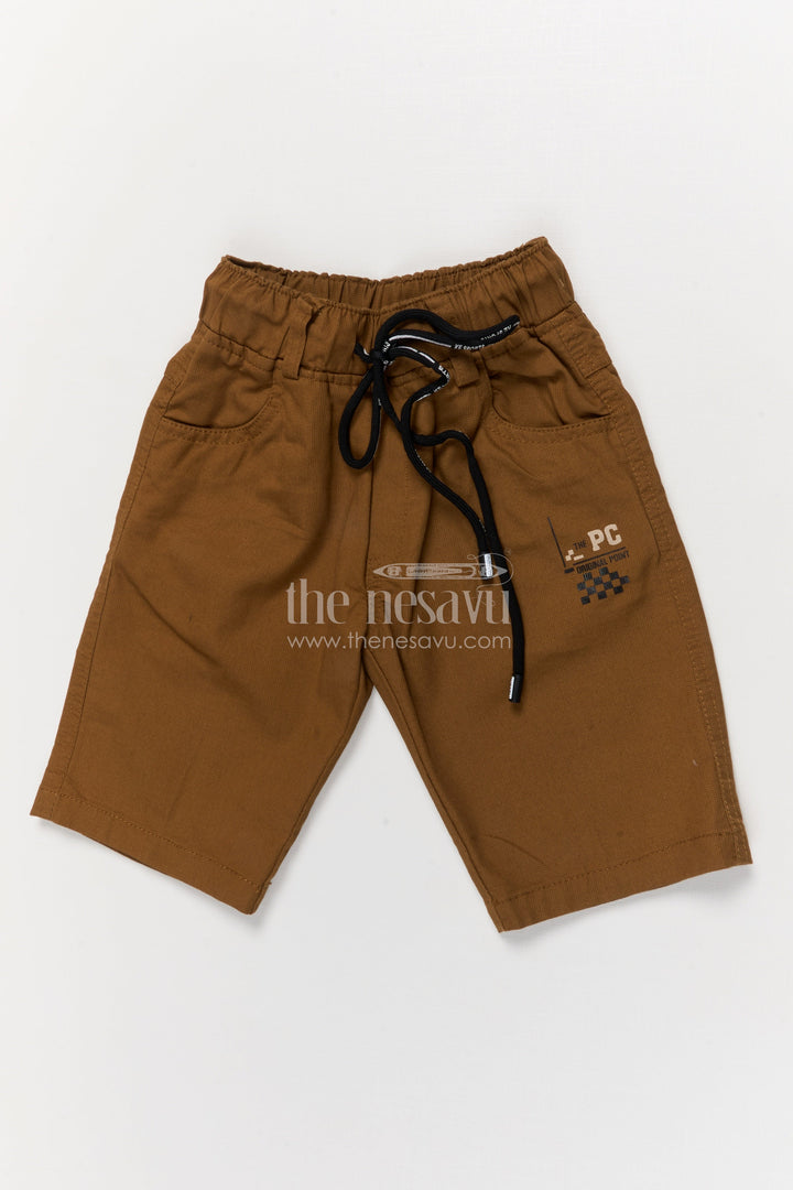The Nesavu Boys Shorts Casual Boys Cotton Shorts with Sporty Badge and Drawstring Waist Nesavu 14 (6M) / Brown / Cotton BWS071A-14 Boys cotton shorts with checkered flag graphic and sporty print