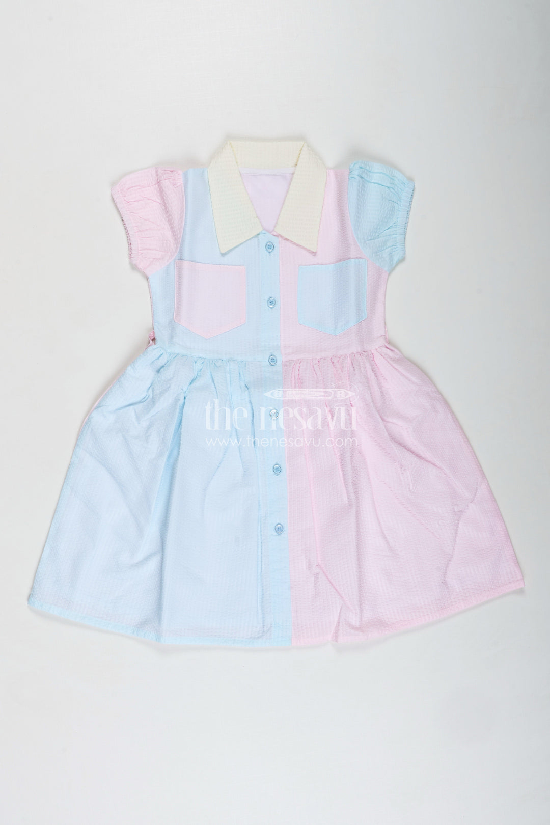 The Nesavu Girls Cotton Frock Casual Cotton Frock for Girls Daily Playwear Dress Nesavu 20 (3Y) / Multicolor GFC1842A-20 Nesavu Cotton Seersucker Frock Girls Pastel Patchwork Front Buttons Warm Weather