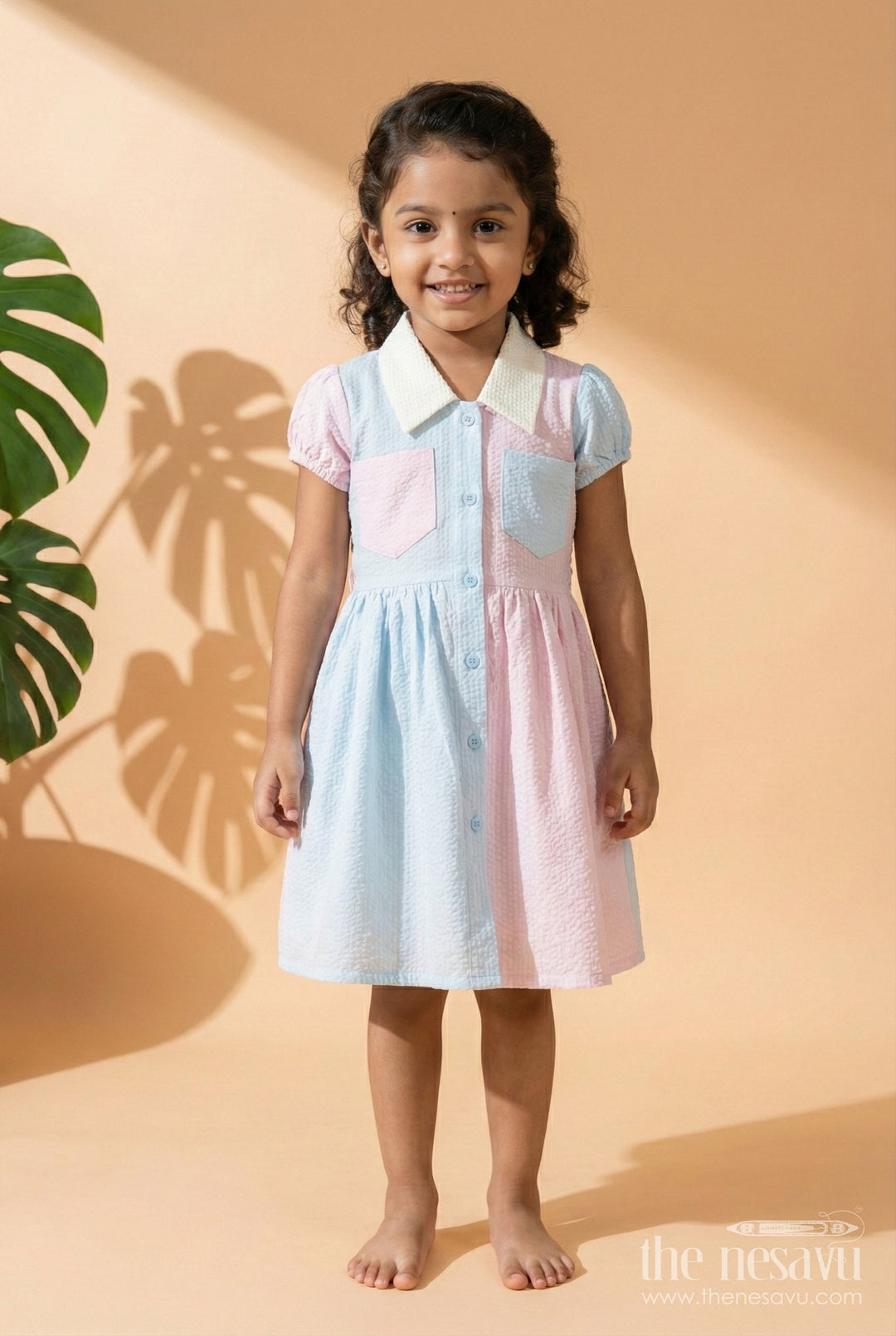 The Nesavu Girls Cotton Frock Casual Cotton Frock for Girls Daily Playwear Dress Nesavu 20 (3Y) / Multicolor GFC1842A-20 Nesavu Cotton Seersucker Frock Girls Pastel Patchwork Front Buttons Warm Weather