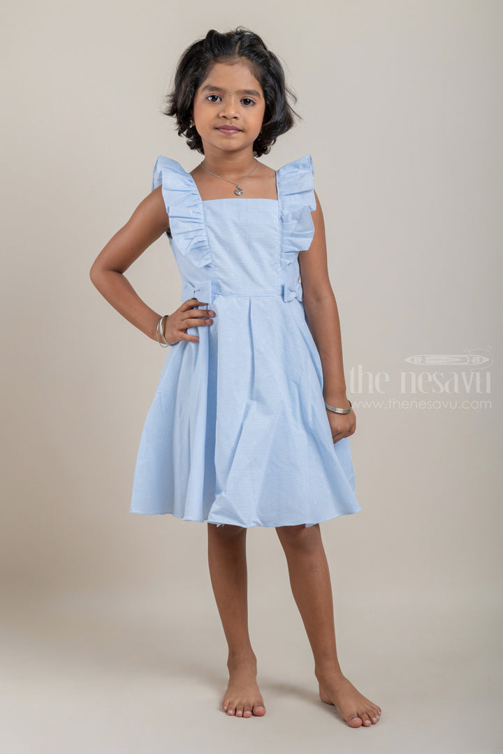 The Nesavu Frocks & Dresses Casual Cotton Frock with Blue Pin Striped Design and Ruffled Yoke For Girls psr silks Nesavu 16 (1Y) / Blue / Cotton GFC1092B