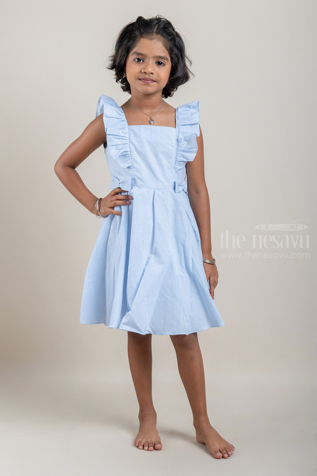 The Nesavu Frocks & Dresses Casual Cotton Frock with Blue Pin Striped Design and Ruffled Yoke For Girls psr silks Nesavu