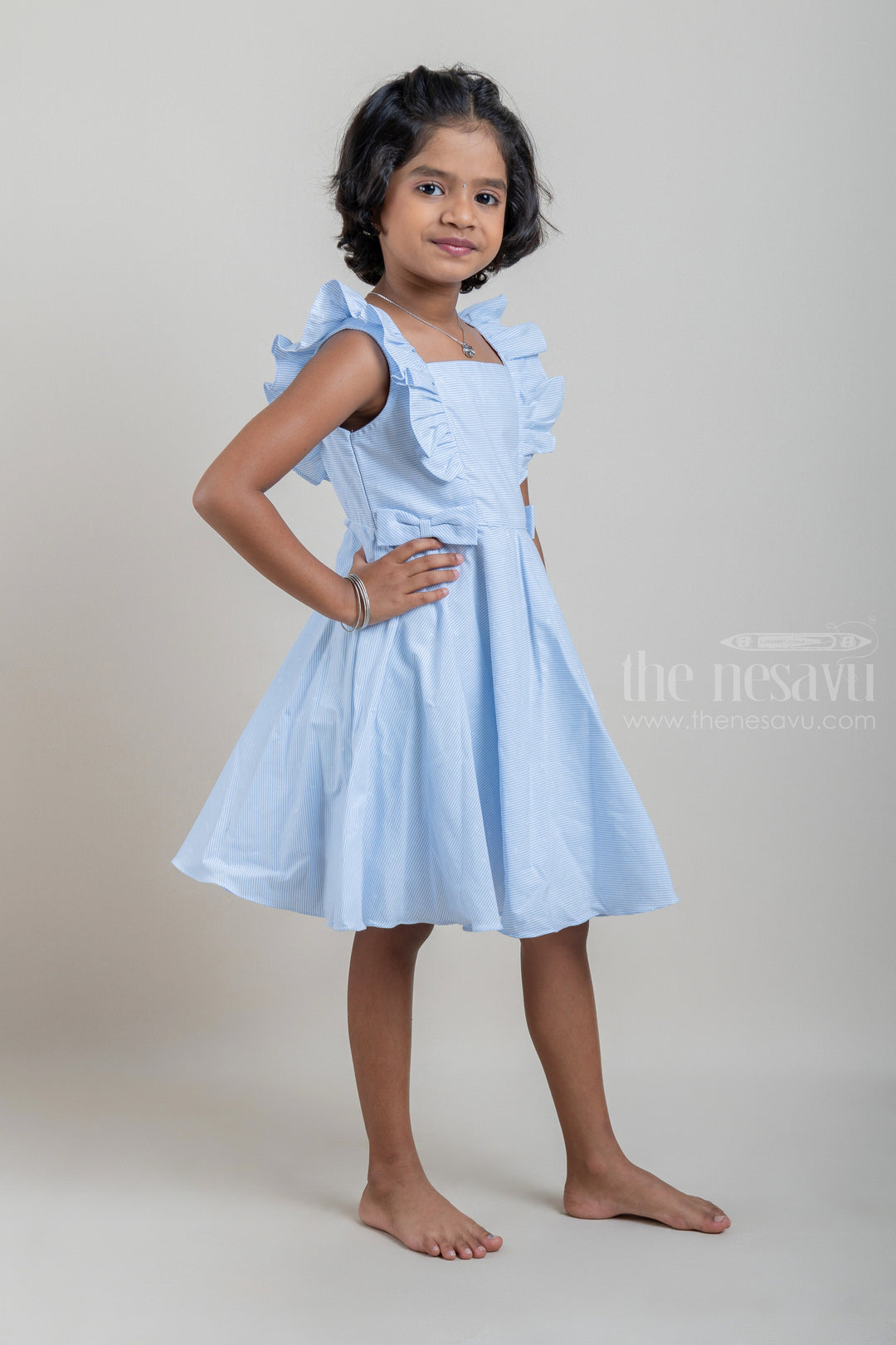 The Nesavu Frocks & Dresses Casual Cotton Frock with Blue Pin Striped Design and Ruffled Yoke For Girls psr silks Nesavu