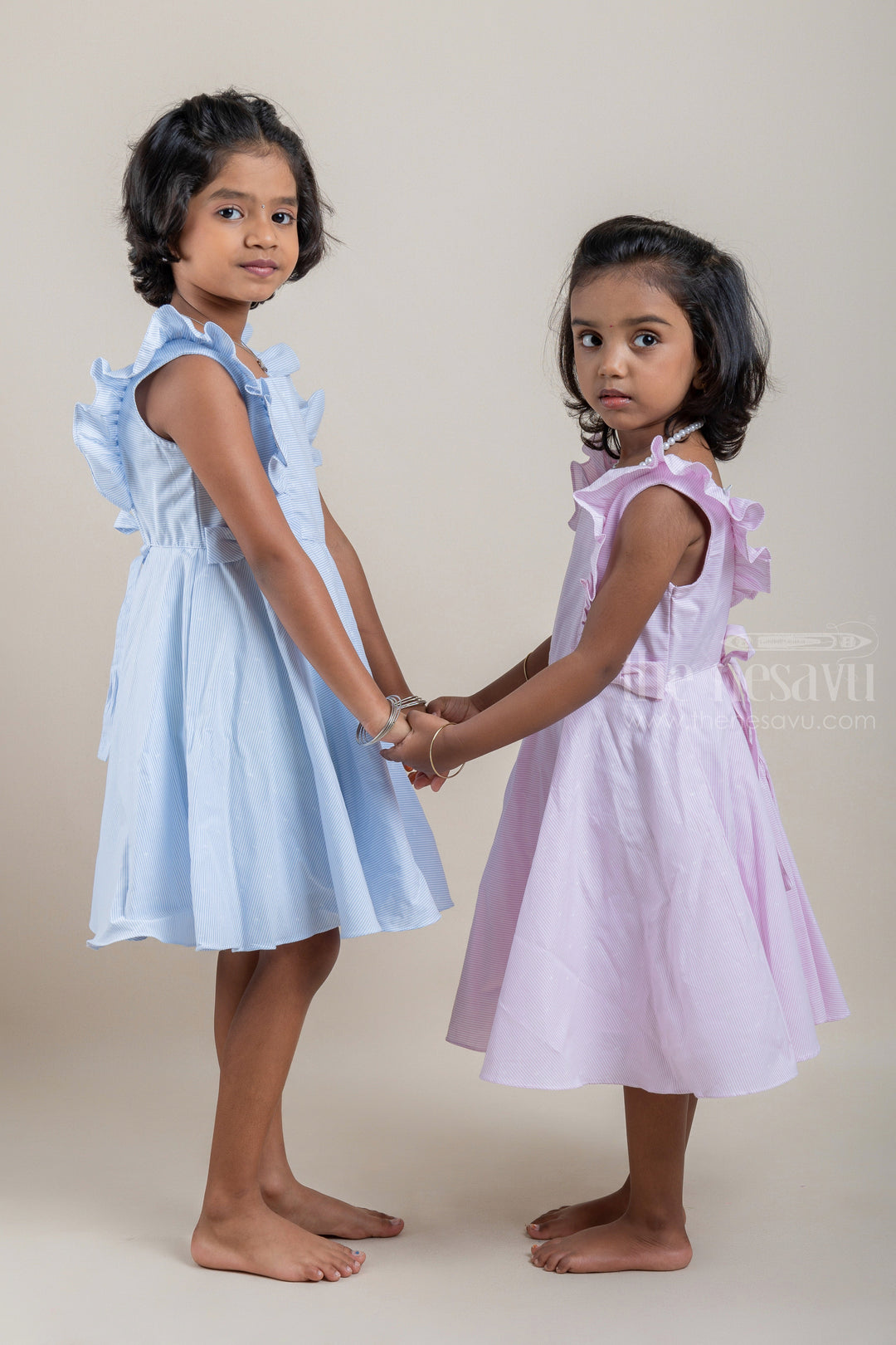 The Nesavu Frocks & Dresses Casual Cotton Frock with Blue Pin Striped Design and Ruffled Yoke For Girls psr silks Nesavu