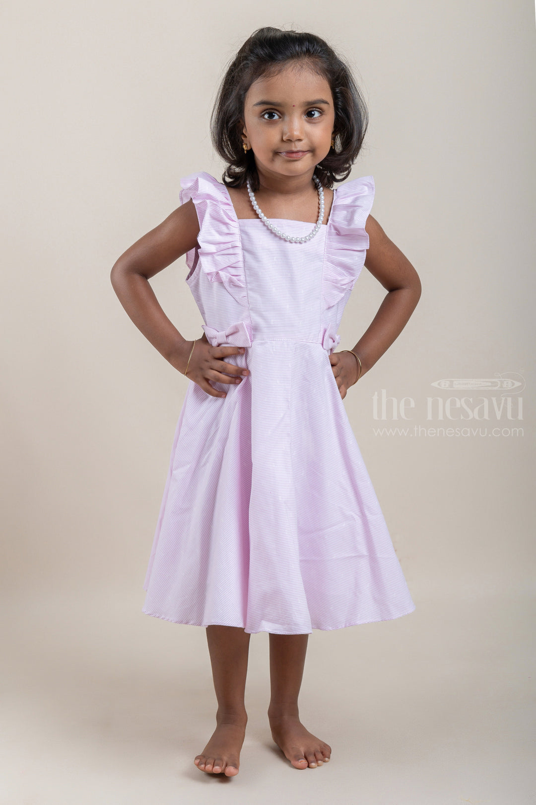 The Nesavu Frocks & Dresses Casual Cotton Frock with Pink Pin Striped Design and Ruffled Yoke For Girls psr silks Nesavu 16 (1Y) / Pink / Cotton GFC1092A