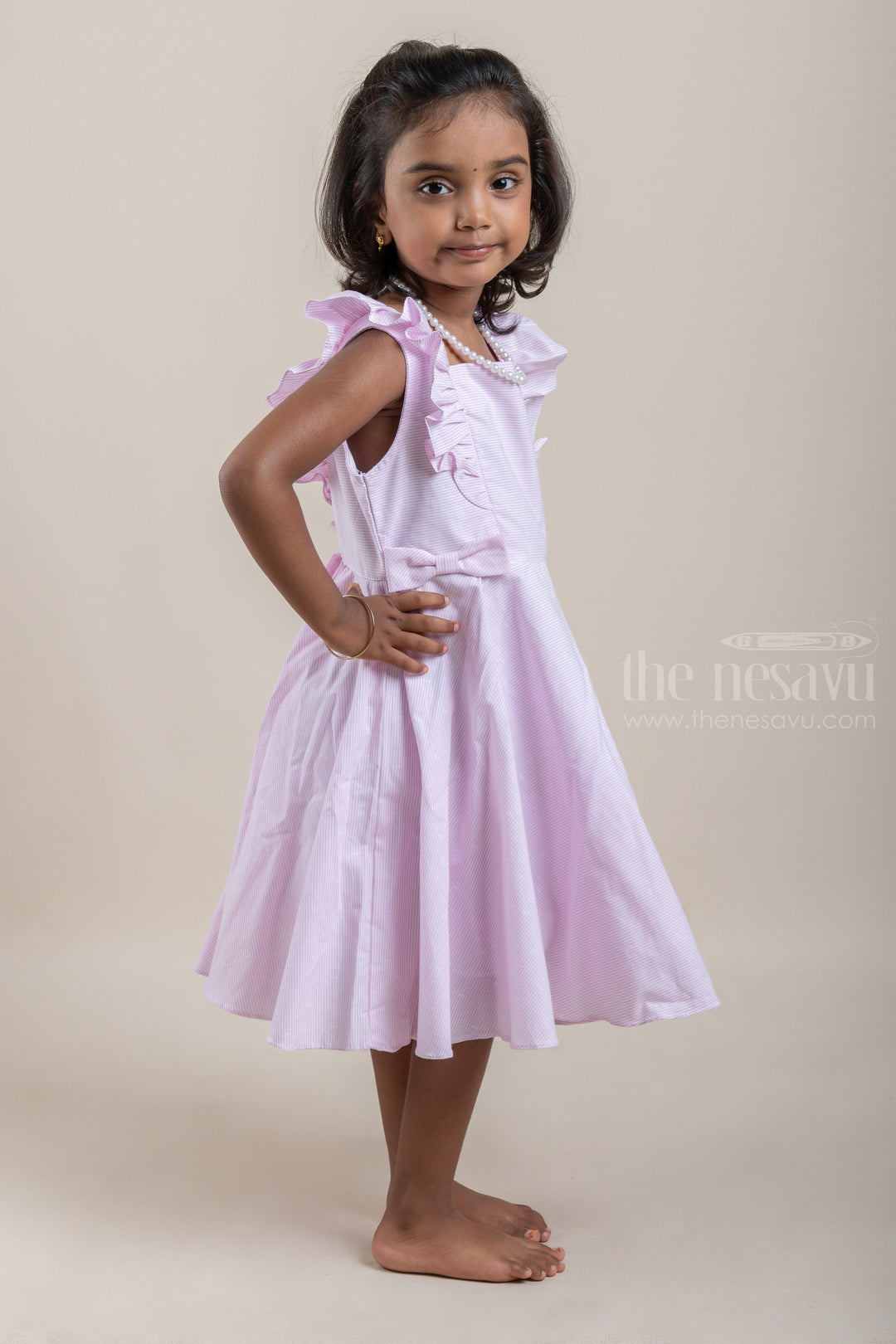 The Nesavu Frocks & Dresses Casual Cotton Frock with Pink Pin Striped Design and Ruffled Yoke For Girls psr silks Nesavu