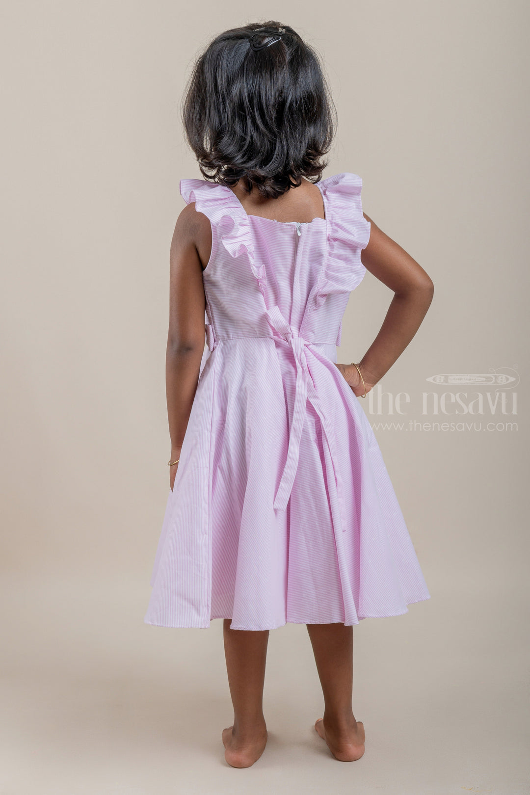 The Nesavu Frocks & Dresses Casual Cotton Frock with Pink Pin Striped Design and Ruffled Yoke For Girls psr silks Nesavu