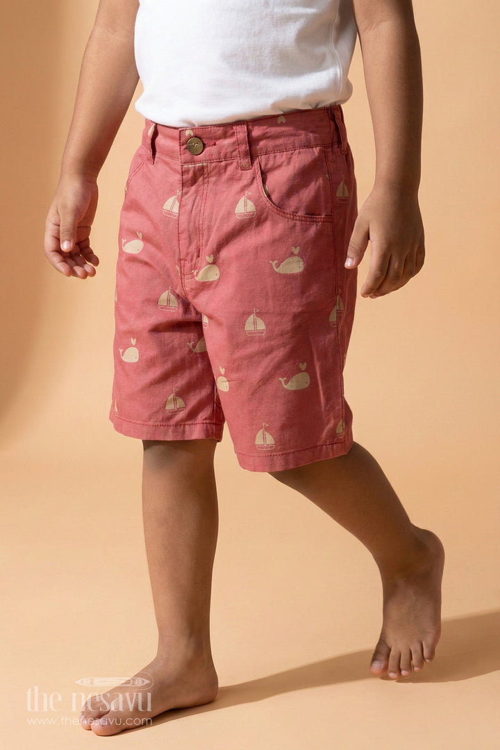 The Nesavu Boys Shorts Casual Cycling Shorts for Boys in Red Cotton with Yellow Whale and Boat Digital Print Nesavu 26 (6Y) / Orange BWS014A-26 Casual Cycling Shorts Boys Red Cotton Yellow Whale Boat Print | The Nesavu