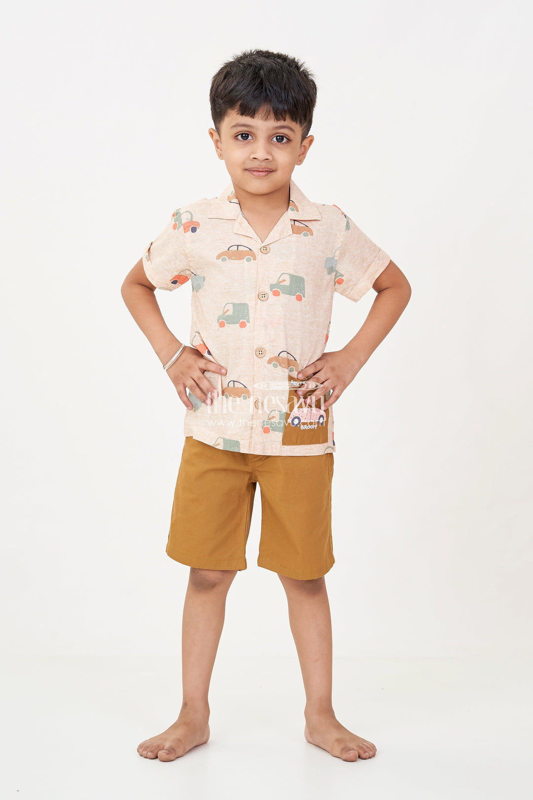 The Nesavu Boys Casual Set Casual Decent Dress for Boys with Car Printed Cotton Shirt and Mustard Shorts for Daywear Nesavu Nesavu Boys Casual Decent Dress Car Print Shirt Mustard Cotton Shorts