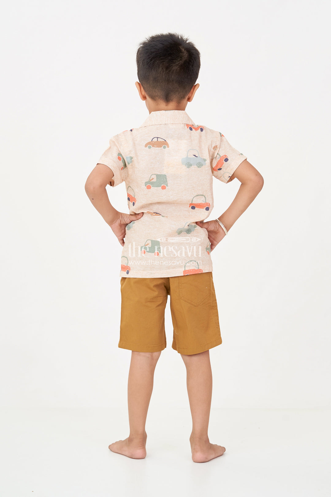 The Nesavu Boys Casual Set Casual Decent Dress for Boys with Car Printed Cotton Shirt and Mustard Shorts for Daywear Nesavu Nesavu Boys Casual Decent Dress Car Print Shirt Mustard Cotton Shorts