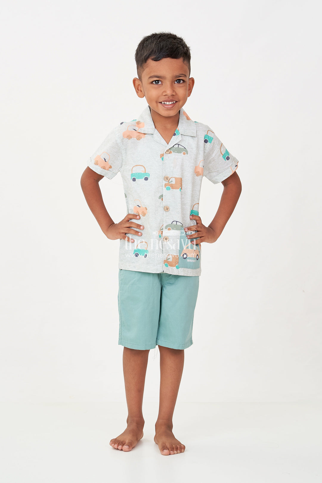 The Nesavu Boys Casual Set Casual Dinner Outfits for Boys with Mint Green Car Printed Shirt and Matching Soft Cotton Shorts Nesavu Nesavu Boys Casual Dinner Outfits Car Print Shirt Green Cotton Shorts