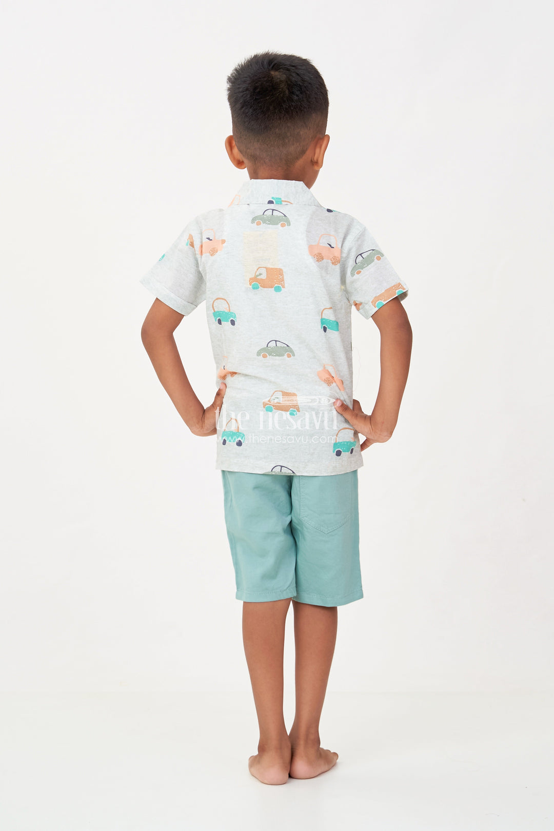 The Nesavu Boys Casual Set Casual Dinner Outfits for Boys with Mint Green Car Printed Shirt and Matching Soft Cotton Shorts Nesavu Nesavu Boys Casual Dinner Outfits Car Print Shirt Green Cotton Shorts