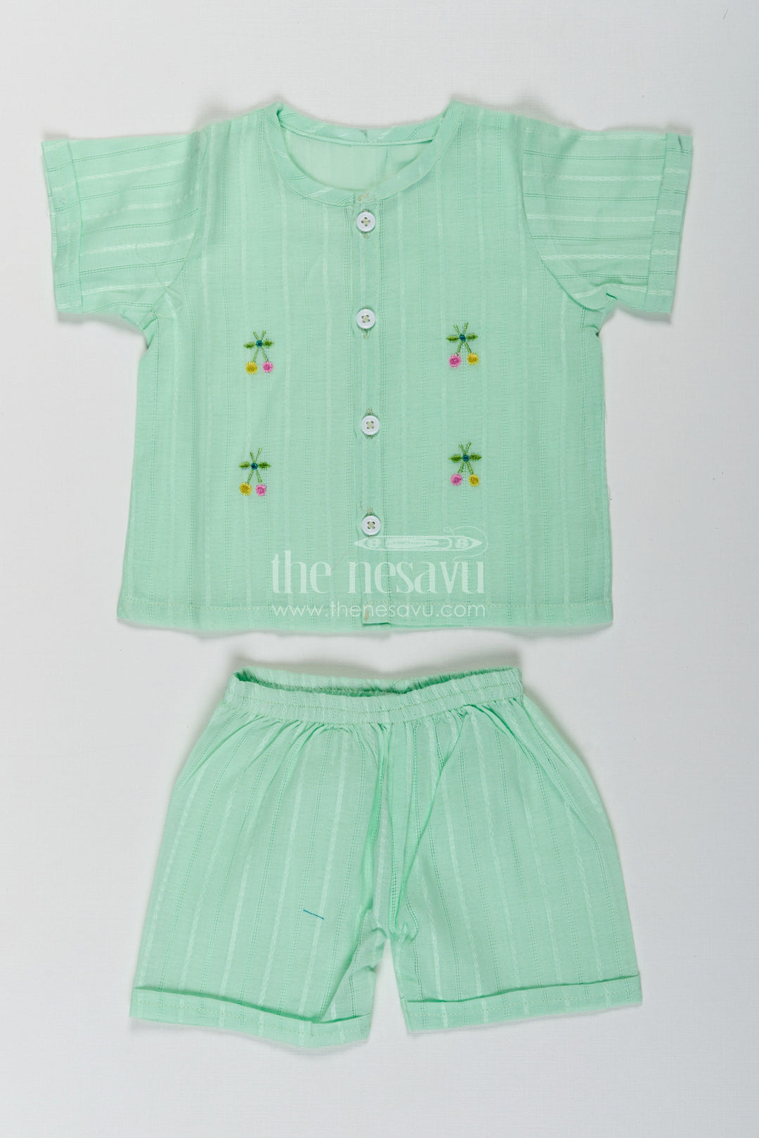 The Nesavu Baby Casual Sets Casual Dress Cute Baby Set in Light Green Cotton with Embroidered Motifs and Coordinated Shorts Nesavu 10 (NB) / Green BCS241B-10 Nesavu Cute Baby Casual Dress Set Light Green Cotton Embroidery Matching Shorts