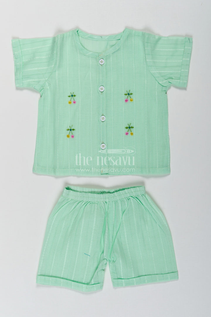The Nesavu Baby Casual Sets Casual Dress Cute Baby Set in Light Green Cotton with Embroidered Motifs and Coordinated Shorts Nesavu 10 (NB) / Green BCS241B-10 Nesavu Cute Baby Casual Dress Set Light Green Cotton Embroidery Matching Shorts