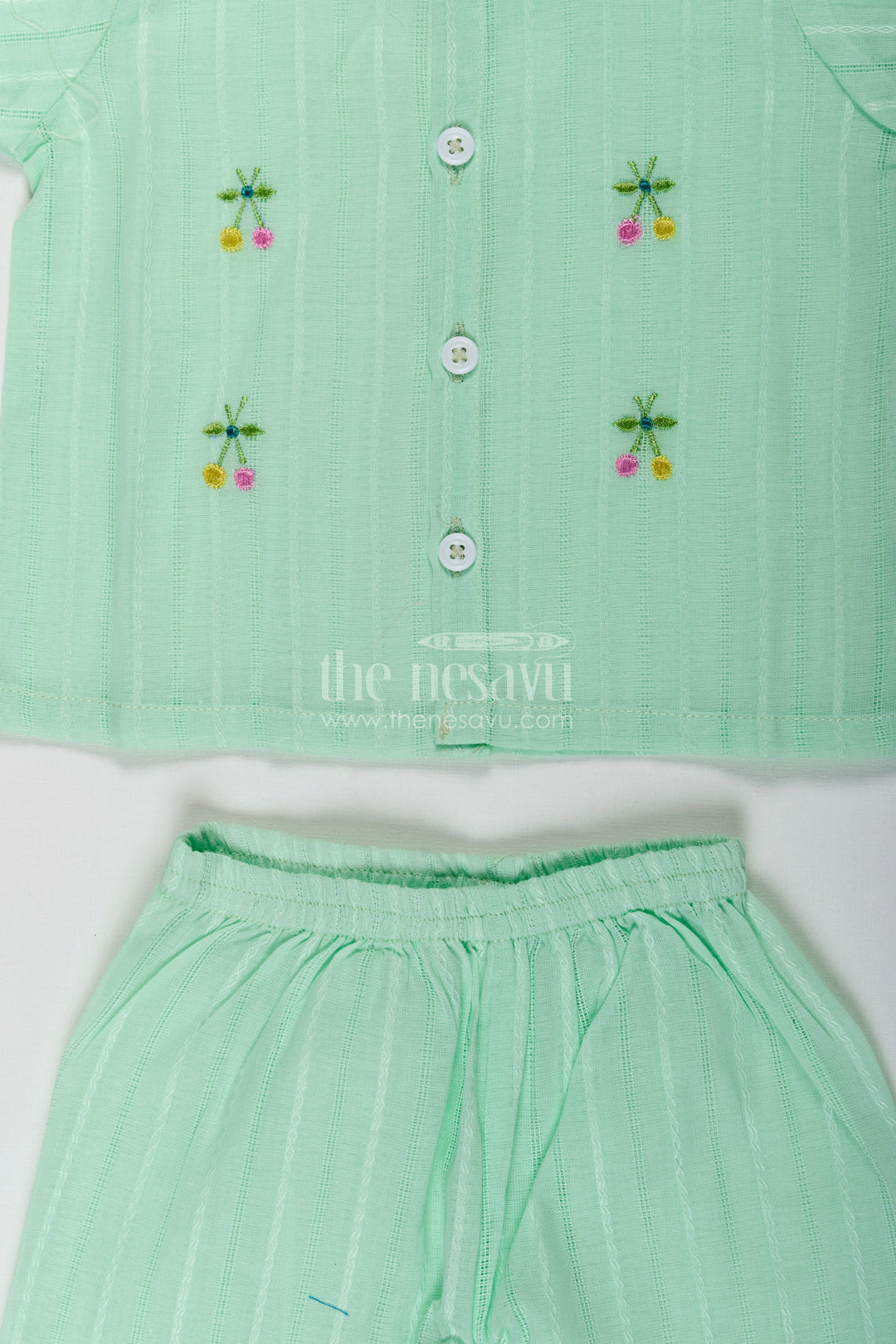 The Nesavu Baby Casual Sets Casual Dress Cute Baby Set in Light Green Cotton with Embroidered Motifs and Coordinated Shorts Nesavu Nesavu Cute Baby Casual Dress Set Light Green Cotton Embroidery Matching Shorts