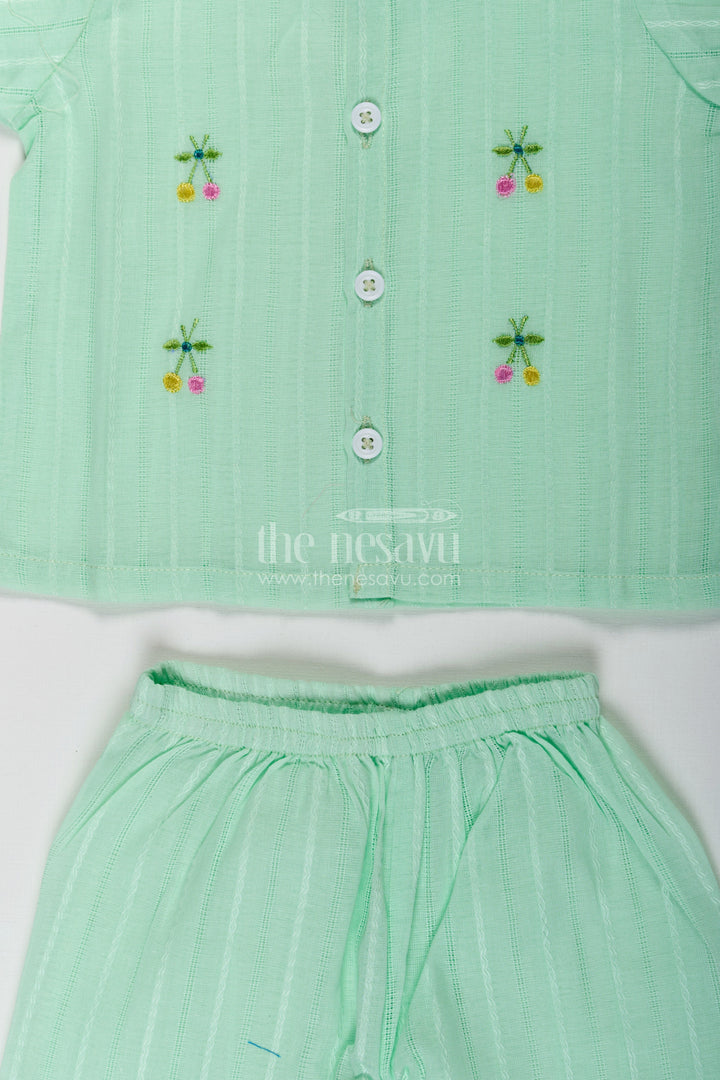 The Nesavu Baby Casual Sets Casual Dress Cute Baby Set in Light Green Cotton with Embroidered Motifs and Coordinated Shorts Nesavu Nesavu Cute Baby Casual Dress Set Light Green Cotton Embroidery Matching Shorts