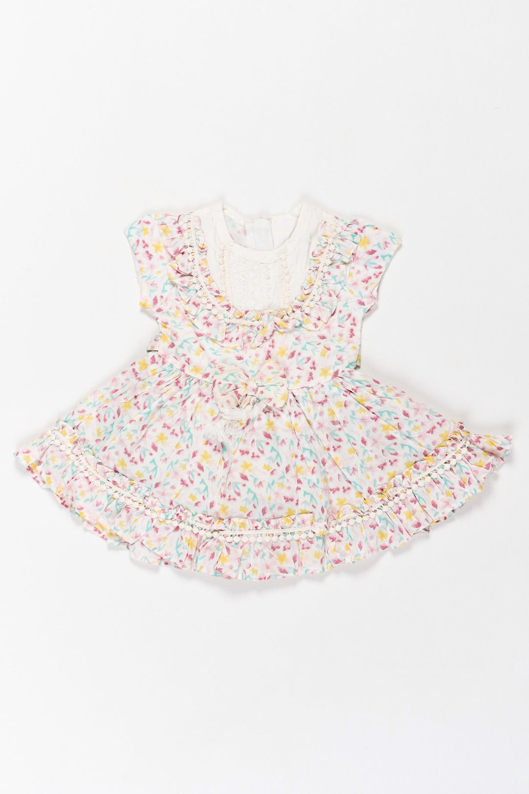 The Nesavu Girls Cotton Frock Casual Floral Frock for Girls with White Lace Bodice and Delicate Ruffle Hem Nesavu 12 (3M) / Multicolor GFC1490A-12 Nesavu Casual Floral Frock Girls Lace Bodice Ruffled Hem Perfect Playful Days