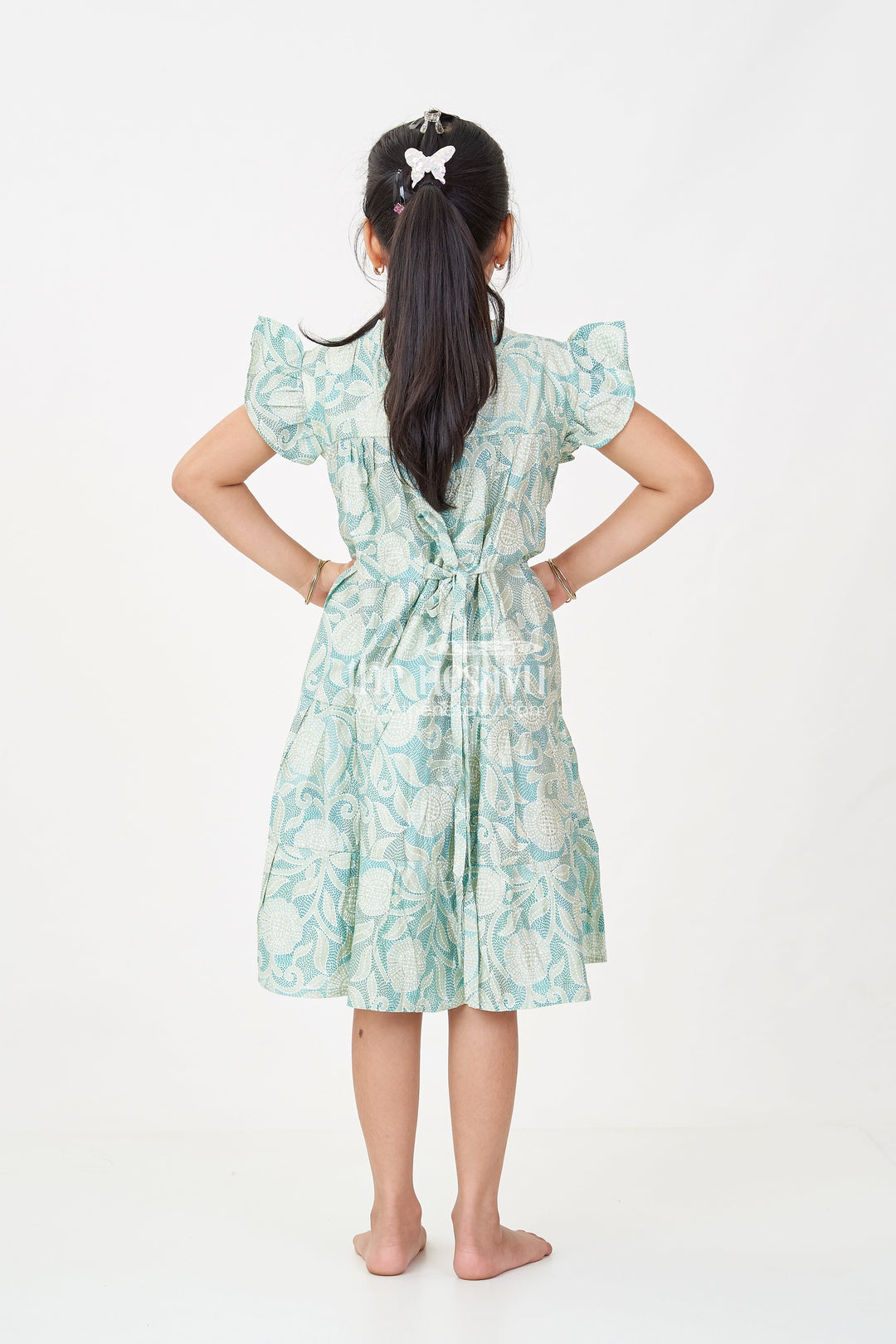 The Nesavu Girls Cotton Frock Casual Frock for Baby Girls in Modal Silk with Kantha Style Stitch Style Digital Print and Flowy Design Nesavu Nesavu Casual Frock Baby Girls Modal Silk with Kantha Style Print Bow Detailing